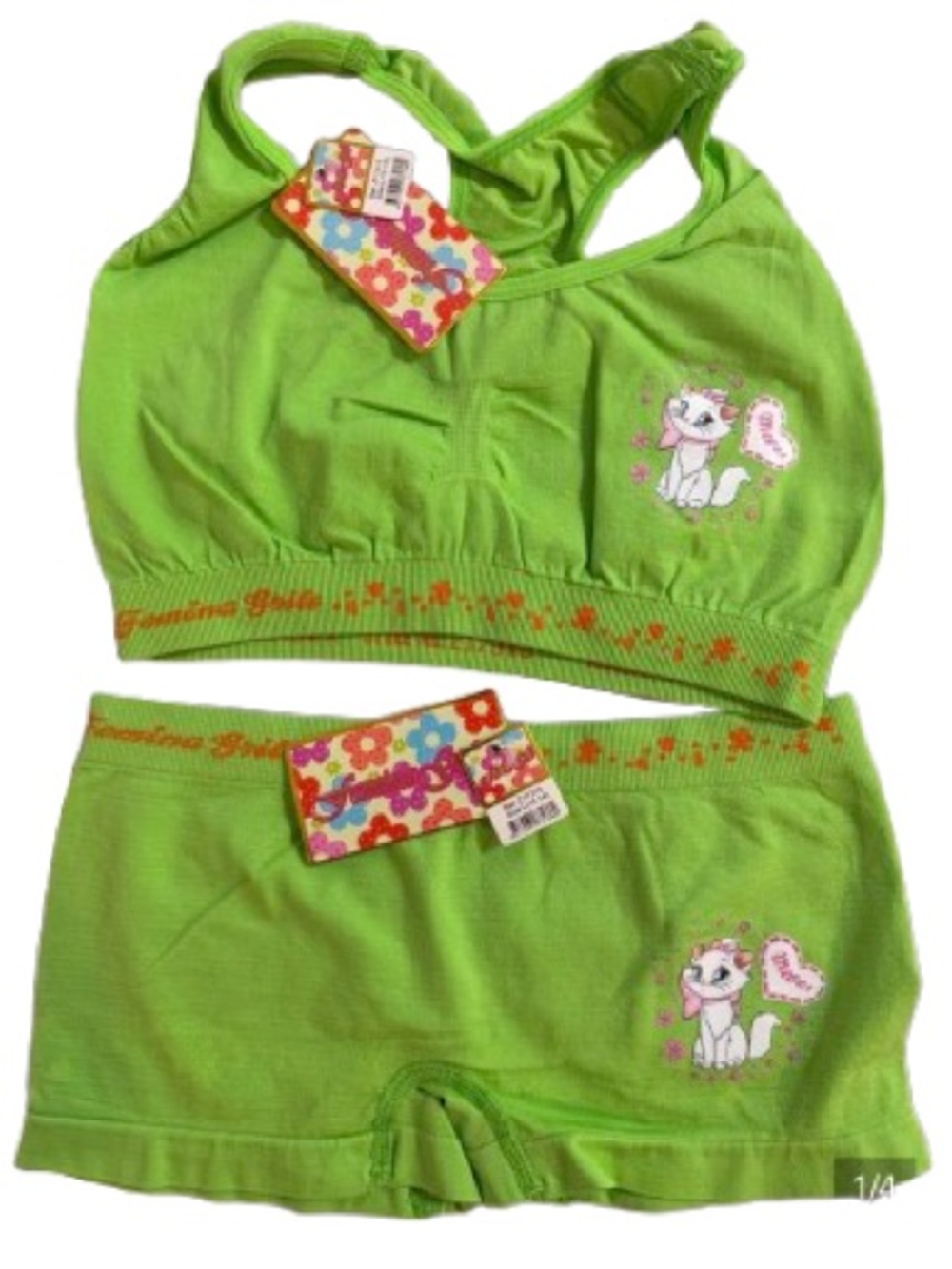 Femina Girls' Green with Cat Print Underwear Set Size L (12-14)
